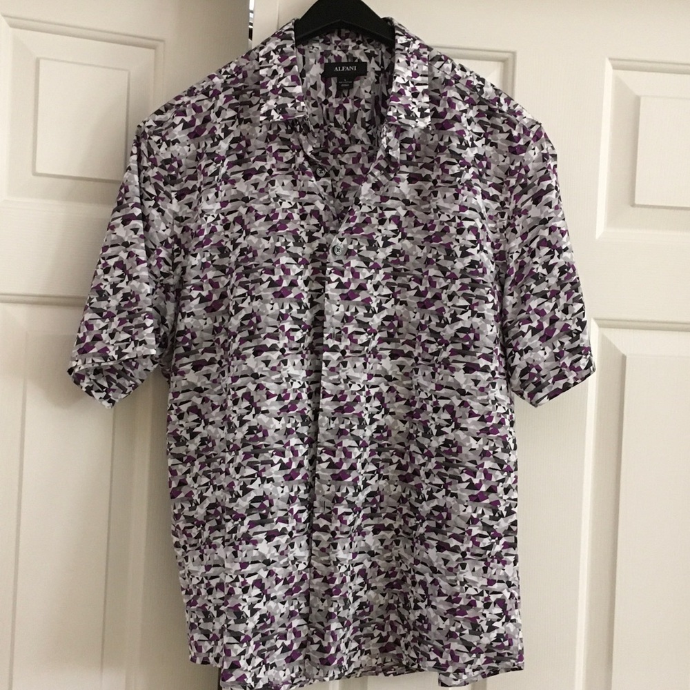 Alfani Men’s Short Sleeve Button-Down Shirt in Purple and White Abstract Print